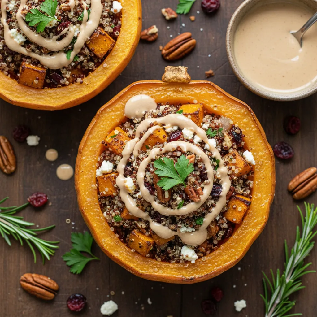 Autumn Harvest Quinoa-Stuffed Acorn Squash with Maple Tahini Drizzle