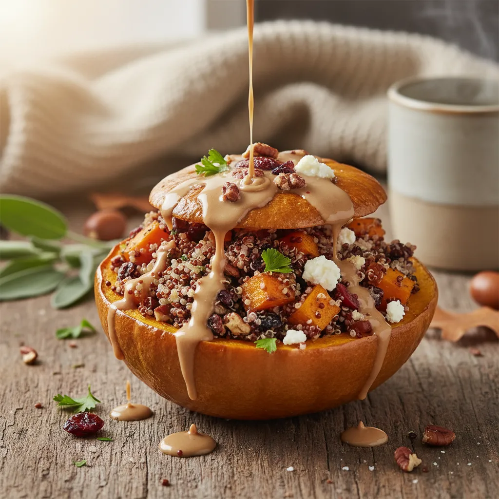 Autumn Harvest Quinoa-Stuffed Acorn Squash with Maple Tahini Drizzle