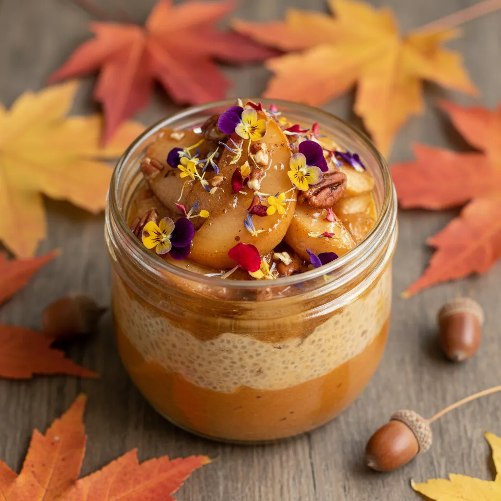 Autumn Maple Chia Pudding with Roasted Pear and Edible Flowers