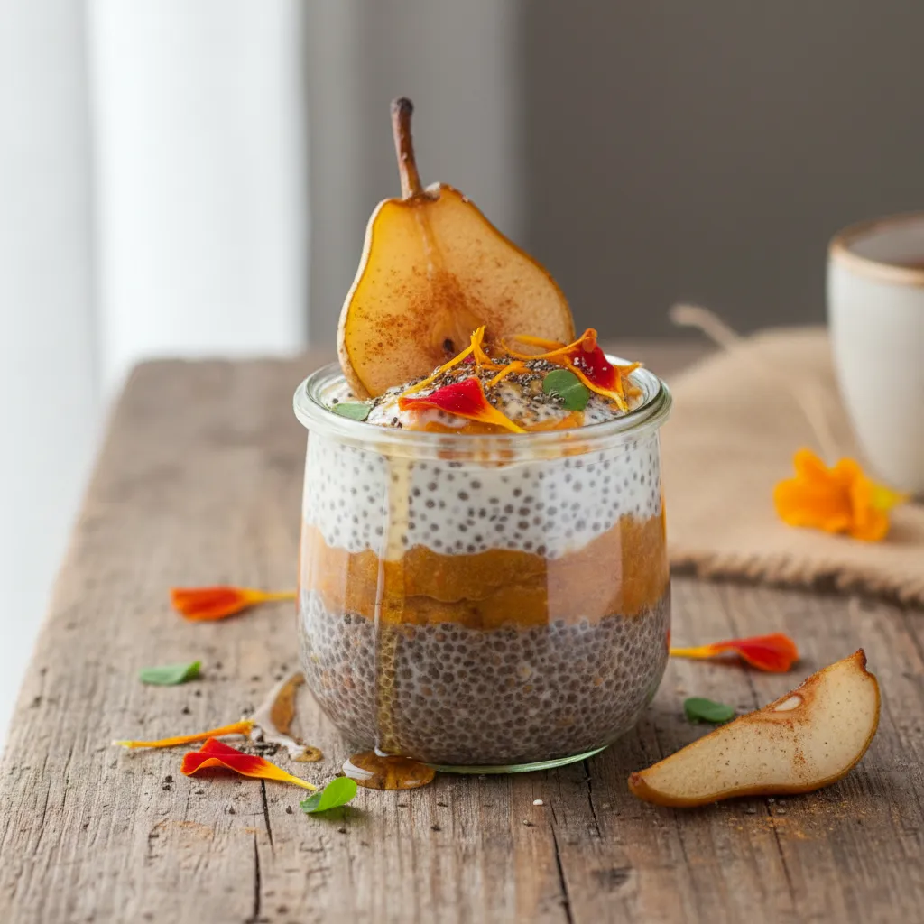 Autumn Maple Chia Pudding with Roasted Pear and Edible Flowers