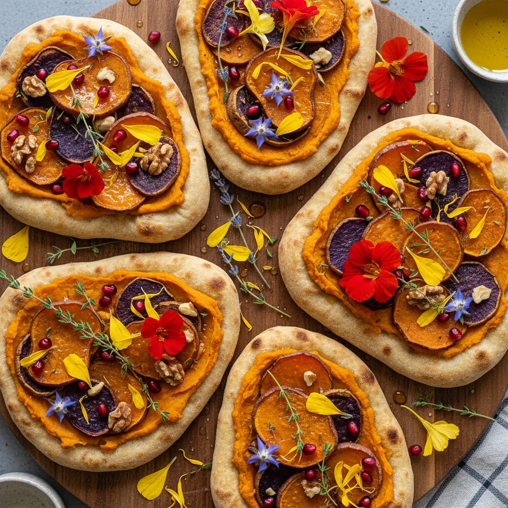 Autumnal Canvas: Sweet Potato and Edible Flower Flatbreads