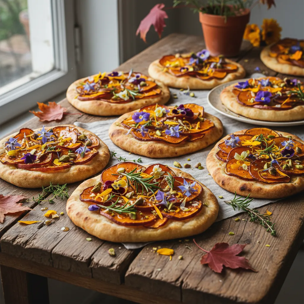 Autumnal Canvas: Sweet Potato and Edible Flower Flatbreads