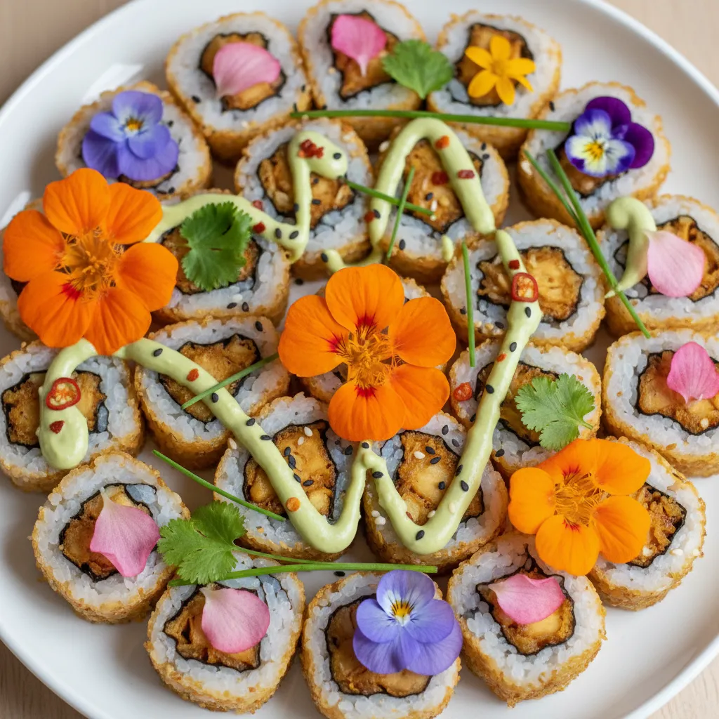 Baked Jackfruit & Edible Flower Sushi Rolls with Spicy Avocado Drizzle