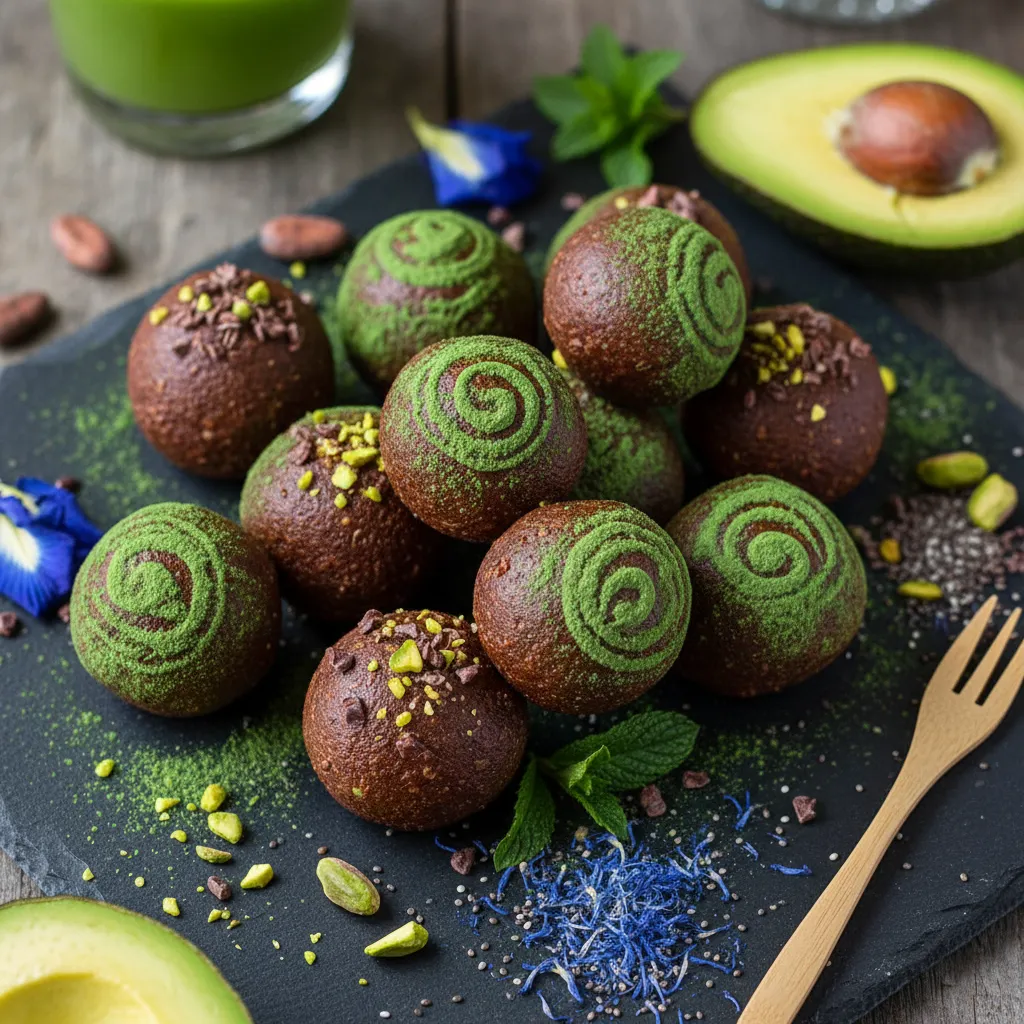 Cacao Avocado Energy Truffles with Spirulina Swirl