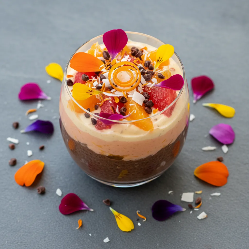 Cacao Blissed Citrus Chia Pudding Parfait with Edible Petals