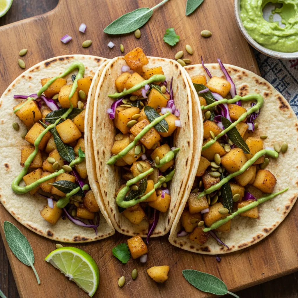 Caramelized Apple Sage Vegan Tacos with Avocado Drizzle