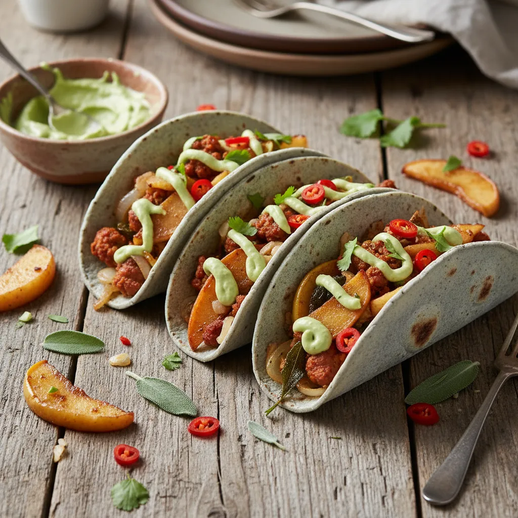 Caramelized Apple Sage Vegan Tacos with Avocado Drizzle