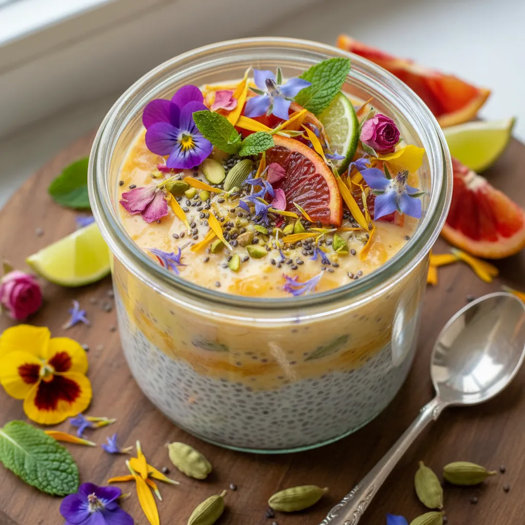 Cardamom Citrus Chia Pudding Delight with Edible Flowers