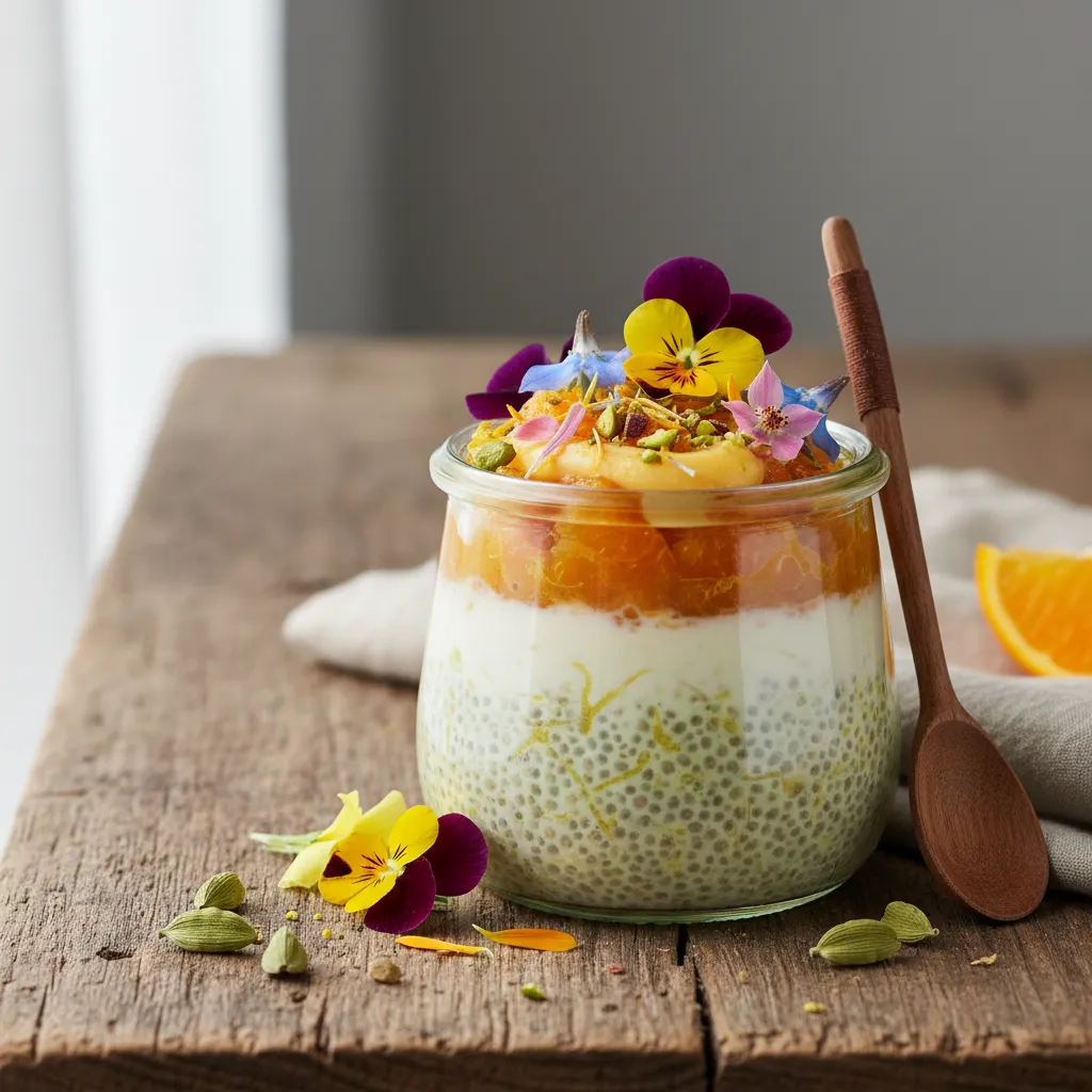 Cardamom Citrus Chia Pudding Delight with Edible Flowers