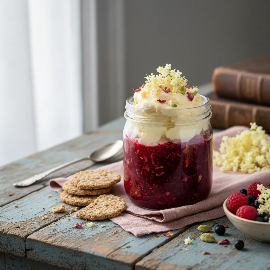 Cardamom Rose Infused Chia Jam with Elderflower Whip