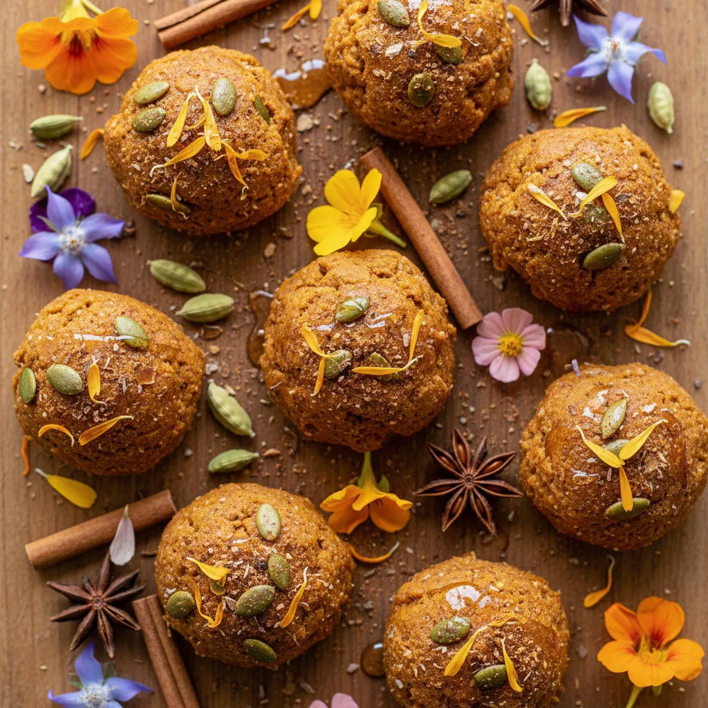 Chai-Spiced Pumpkin Seed Protein Bites with Edible Flower Garnish