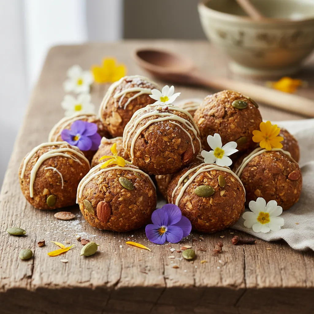 Chai-Spiced Pumpkin Seed Protein Bites with Edible Flower Garnish