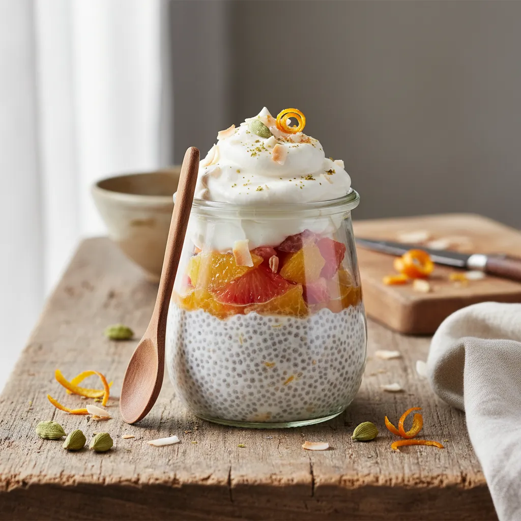 Chia Pudding Parfait with Cardamom-Spiced Citrus and Coconut Whip