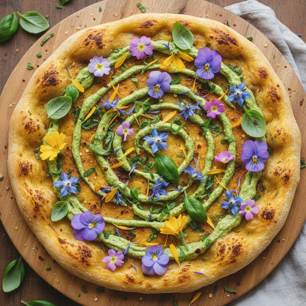 Chickpea Flour Pizza With Edible Flower Toppings and Vegan Basil Cream
