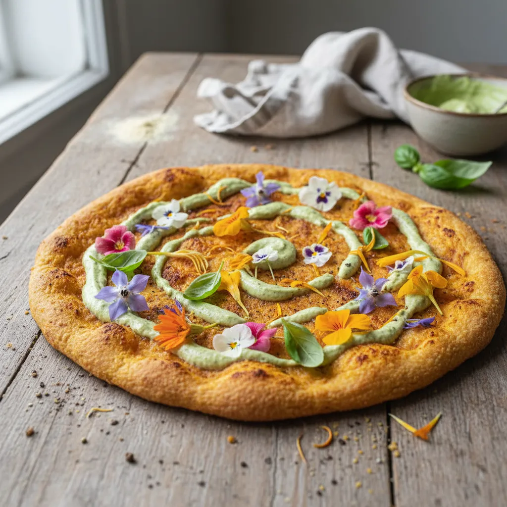 Chickpea Flour Pizza With Edible Flower Toppings and Vegan Basil Cream