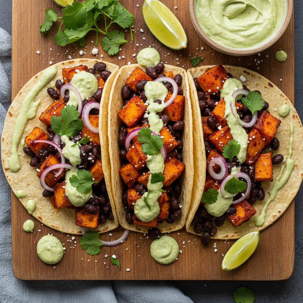 Chili-Maple Sweet Potato and Black Bean Tacos with Avocado Crema