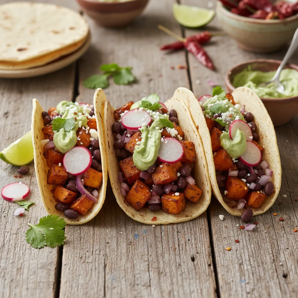 Chili-Maple Sweet Potato and Black Bean Tacos with Avocado Crema