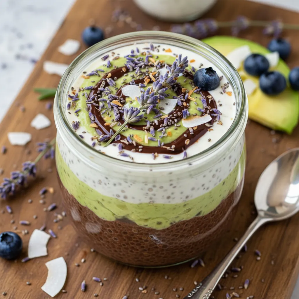 Choco-Avocado Chia Pudding with Lavender Blossom