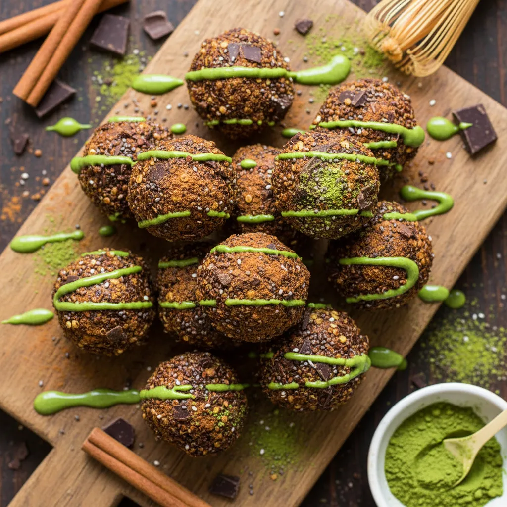Choco-Cinnamon Quinoa Energy Bites with Matcha Drizzle