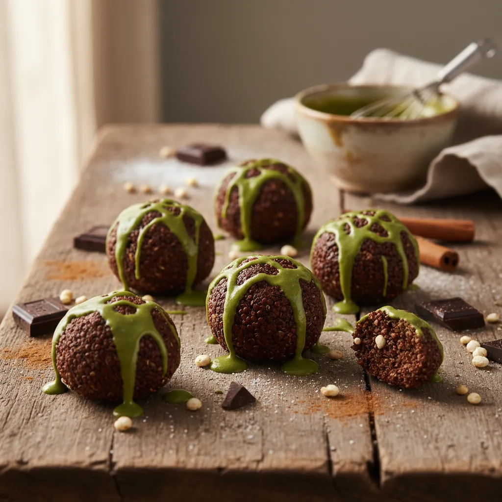 Choco-Cinnamon Quinoa Energy Bites with Matcha Drizzle