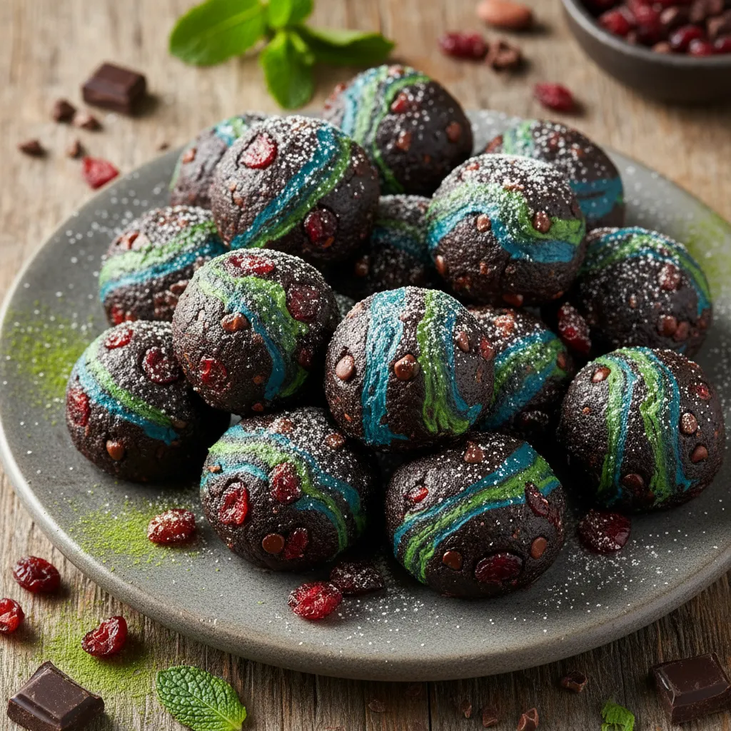 Choco-Cranberry Bliss Bites with Spirulina Swirl