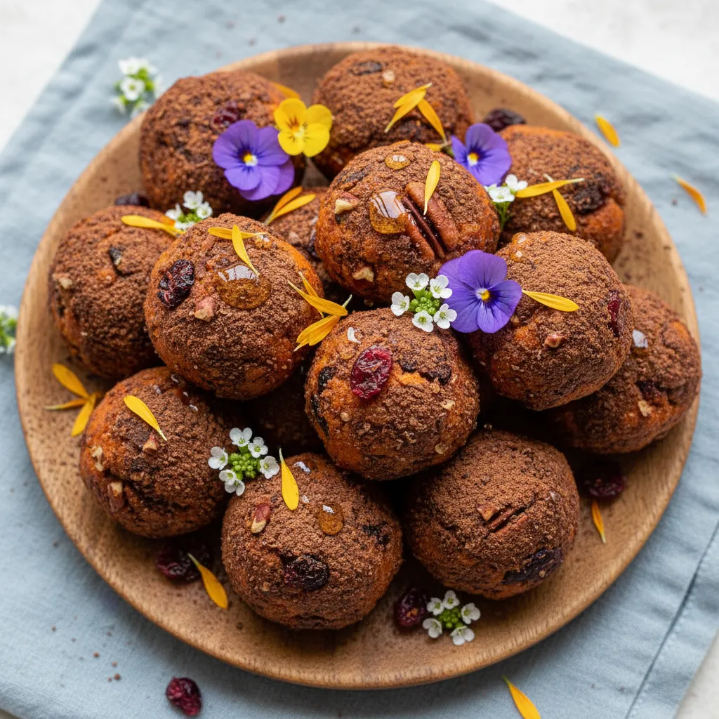 Choco-Dusted Persimmon Energy Bites with Edible Flower Garnish