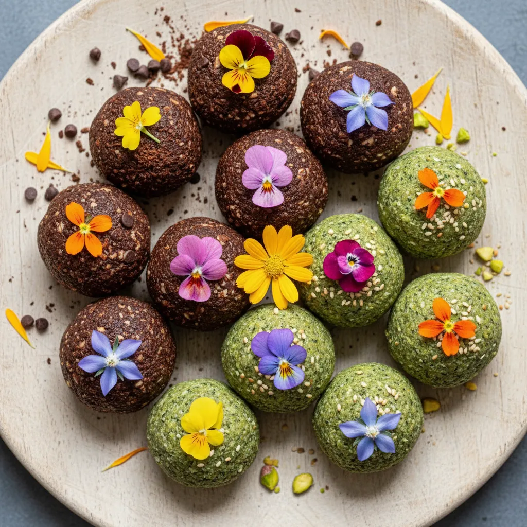 Choco-Matcha Bliss Energy Balls with Edible Flowers