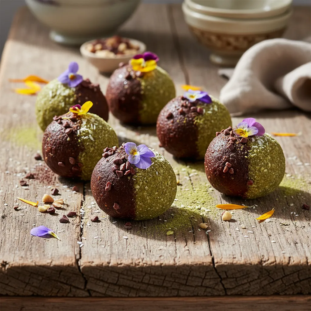 Choco-Matcha Bliss Energy Balls with Edible Flowers