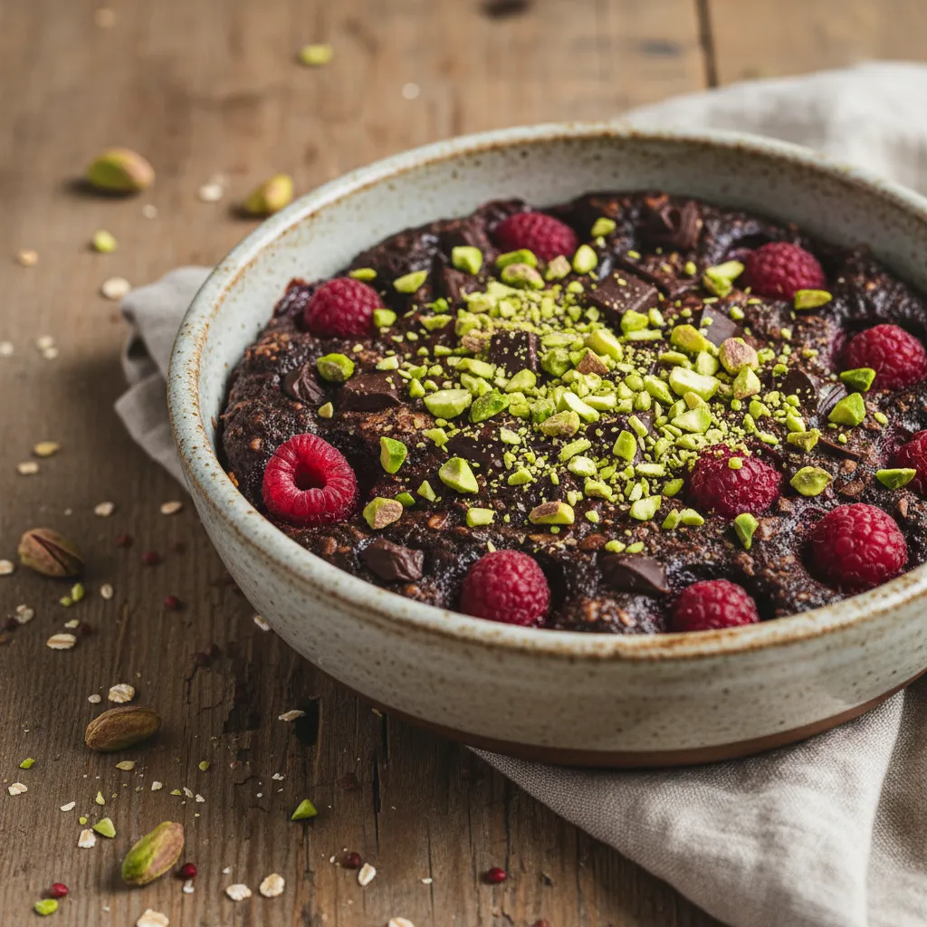 Choco-Raspberry Baked Oats with Pistachio Crumble