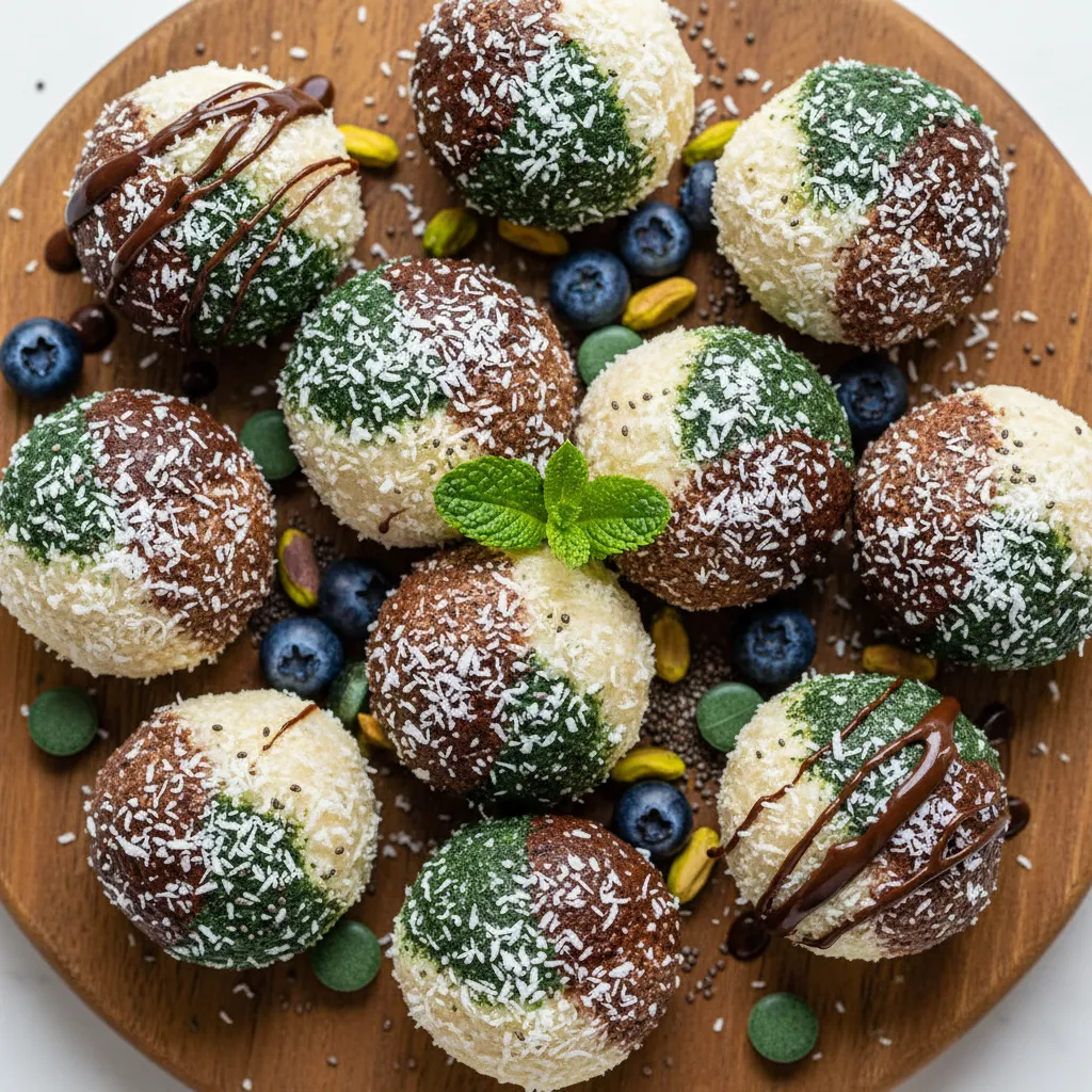 Choco-Vanilla Protein Energy Bites with Spirulina and Coconut