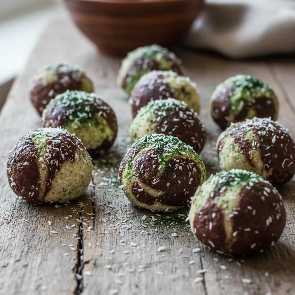 Choco-Vanilla Protein Energy Bites with Spirulina and Coconut