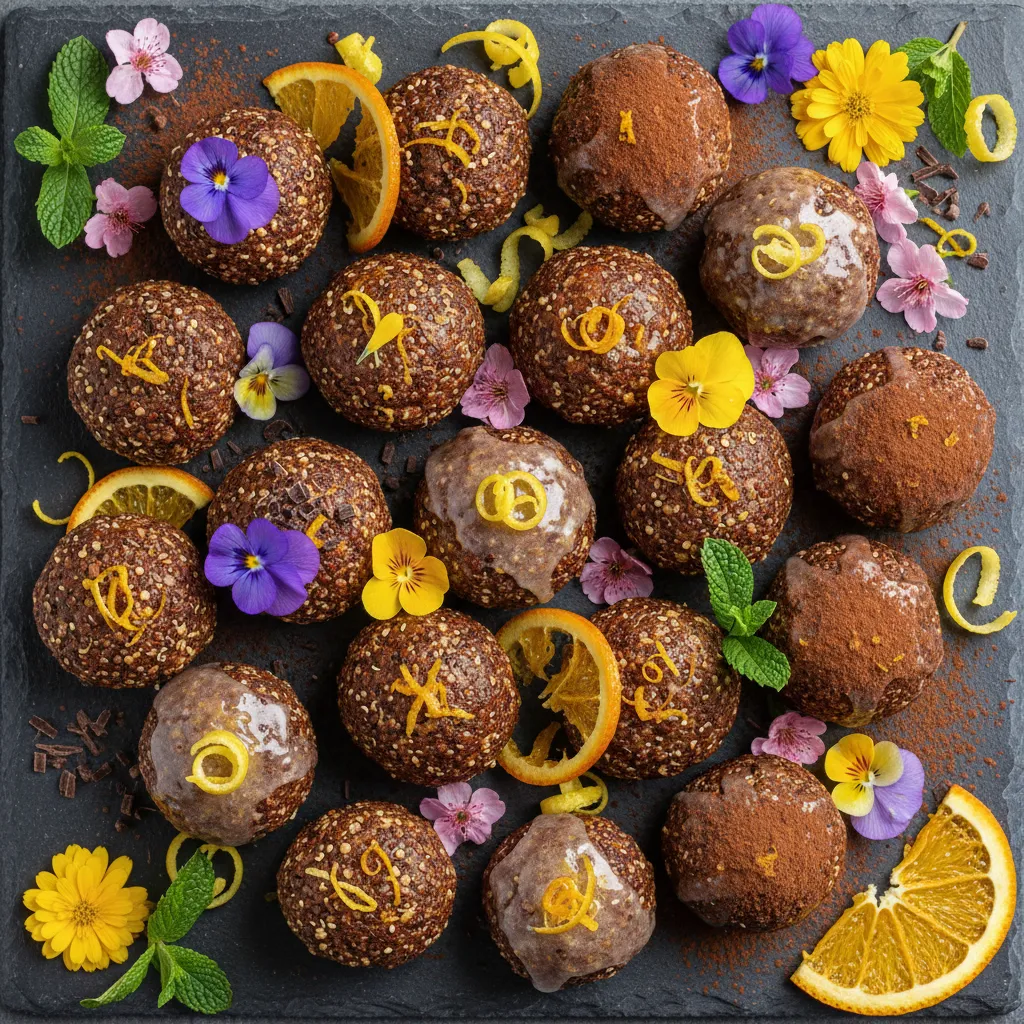 Choco Citrus Infused Quinoa Energy Bites with Edible Flowers