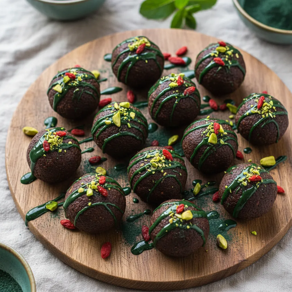 Chocolate Avocado Bliss Bites with Spirulina Drizzle