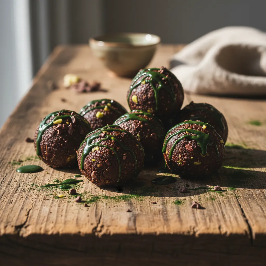Chocolate Avocado Bliss Bites with Spirulina Drizzle