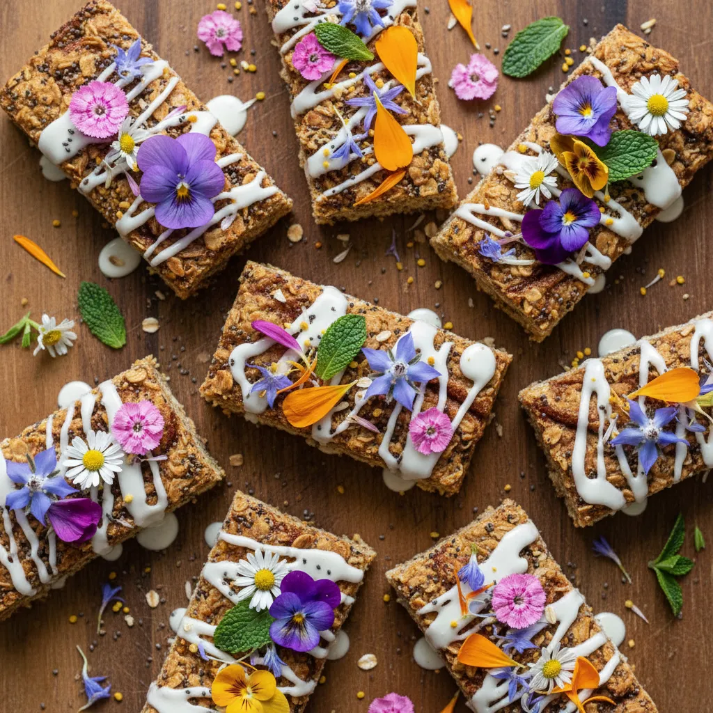 Cinnamon-Chia Blossom Oat Bars with Edible Flower Topping