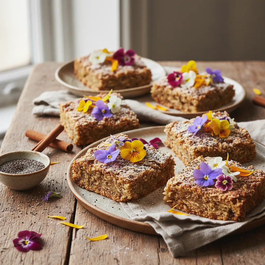 Cinnamon-Chia Blossom Oat Bars with Edible Flower Topping