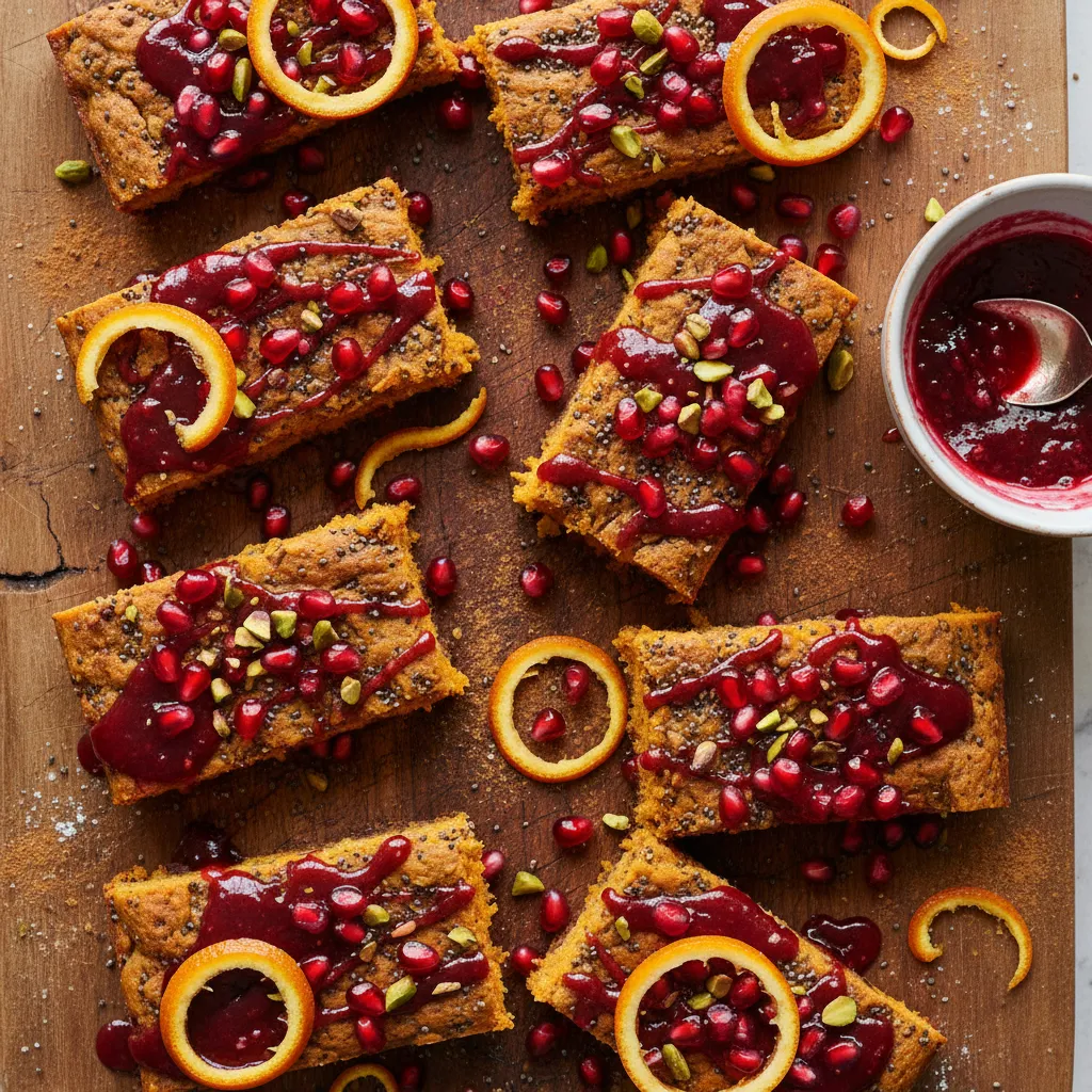 Cinnamon-Infused Sweet Potato Chia Bliss Bars with Pomegranate Drizzle