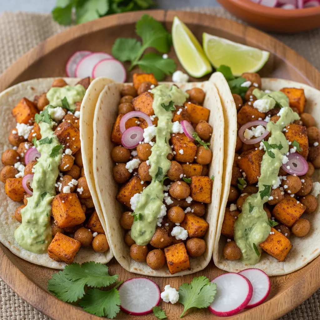 Cinnamon-Infused Sweet Potato and Chickpea Tacos with Avocado Lime Drizzle