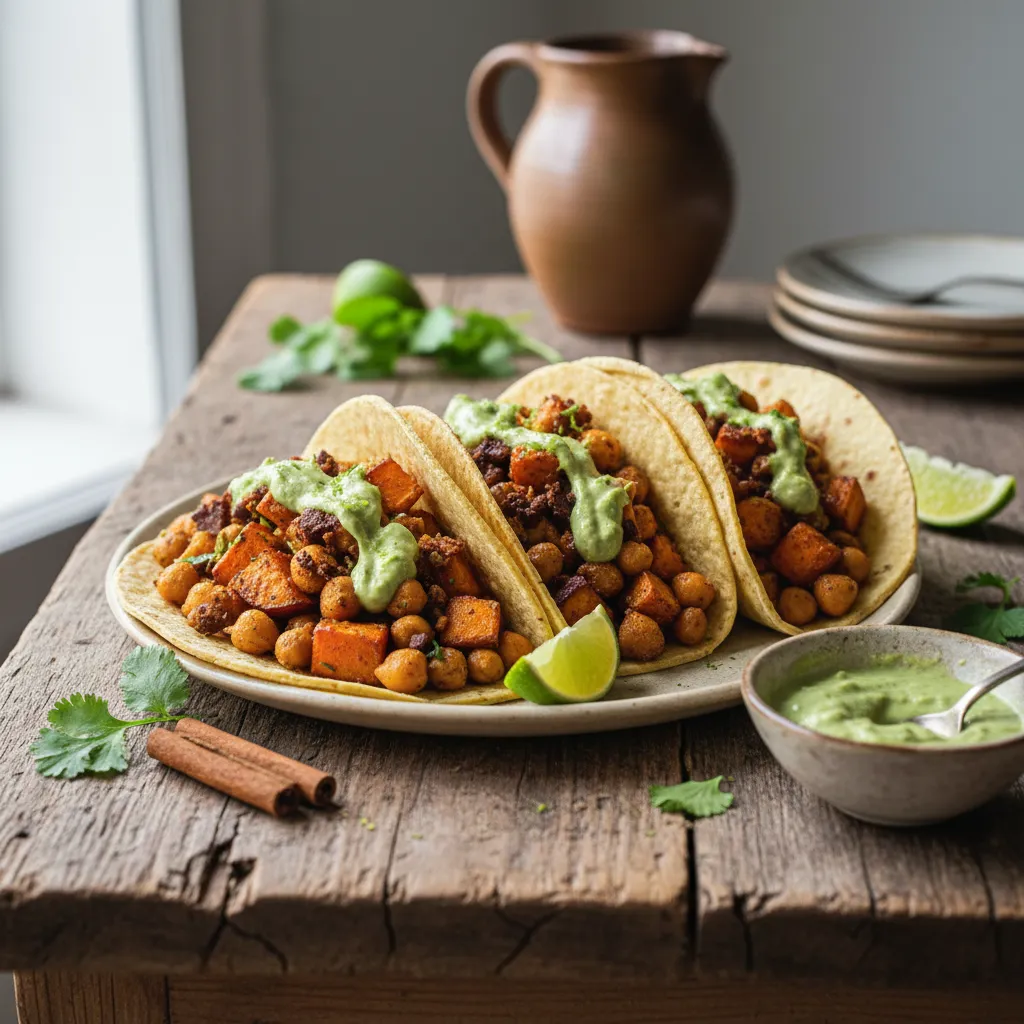 Cinnamon-Infused Sweet Potato and Chickpea Tacos with Avocado Lime Drizzle