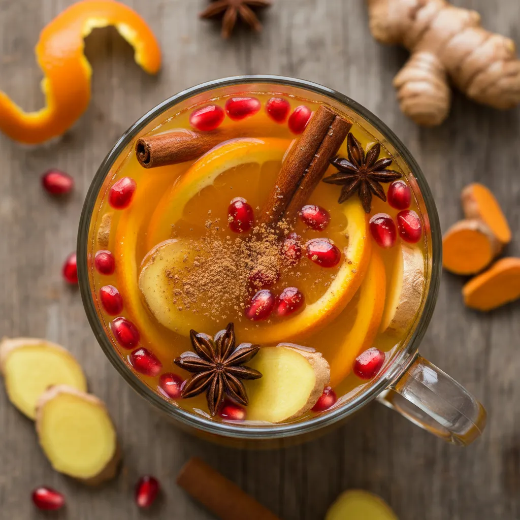 Cinnamon-Orange Turmeric Infusion with Fresh Pomegranate Seeds