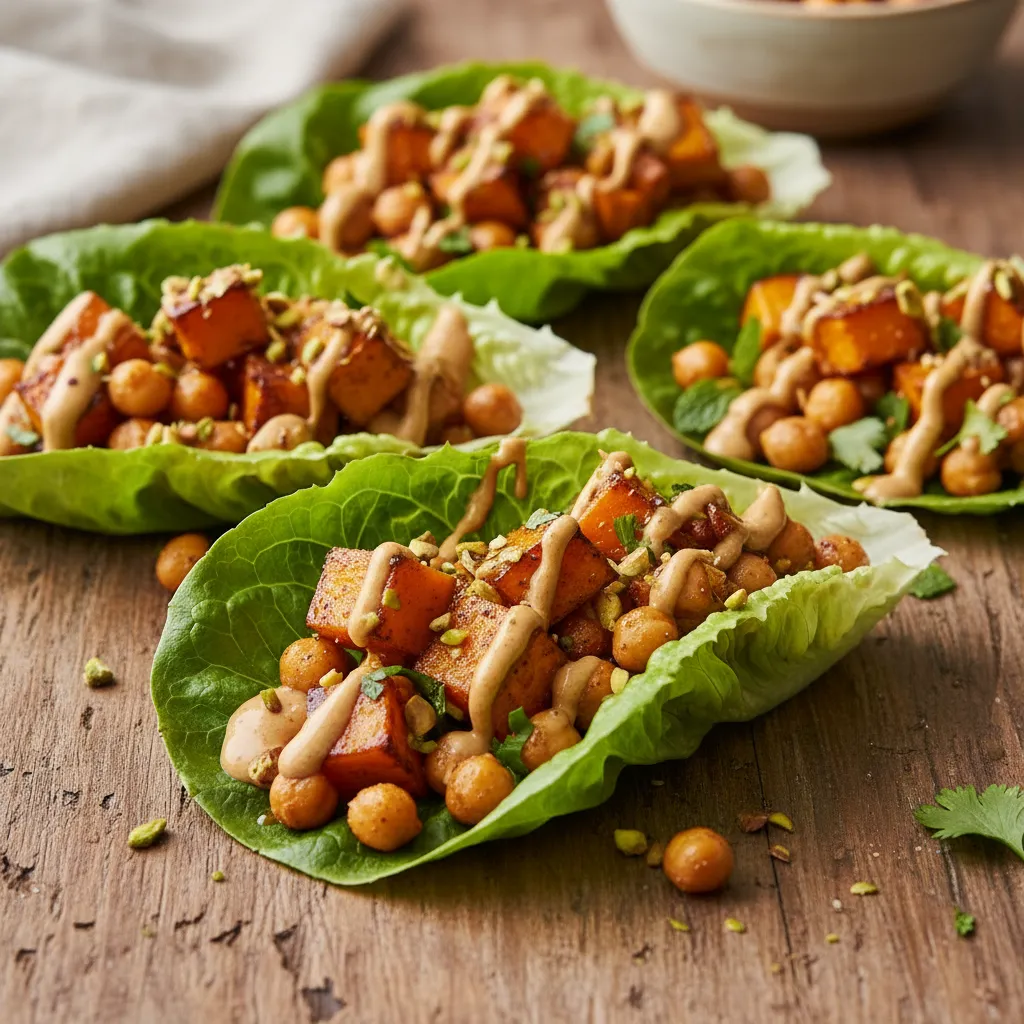 Cinnamon-Roasted Pumpkin and Chickpea Lettuce Wraps with Maple Tahini Drizzle