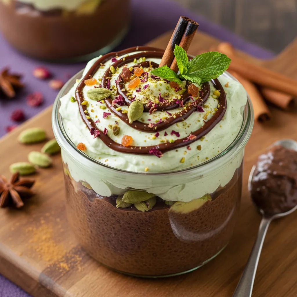 Cinnamon-Spiced Chocolate Avocado Chia Pudding with Cardamom Whip