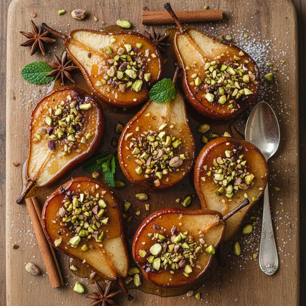 Cinnamon-Spiced Maple Roasted Pears with Pistachio Crunch