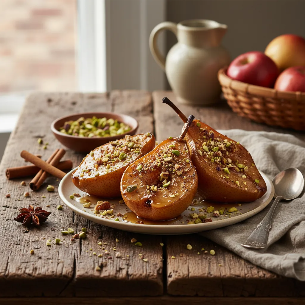 Cinnamon-Spiced Maple Roasted Pears with Pistachio Crunch