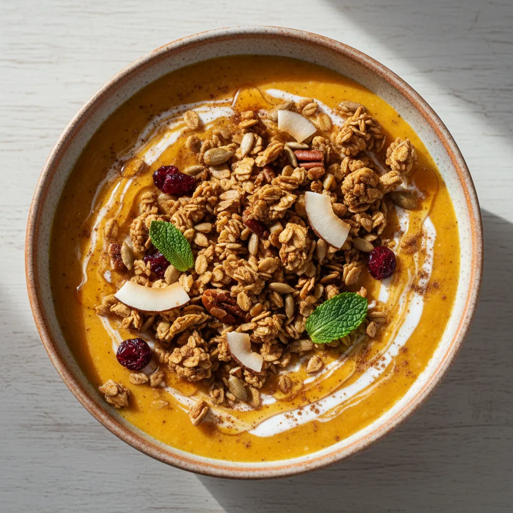 Cinnamon-Spiced Pumpkin Coconut Smoothie Bowl with Nutty Granola