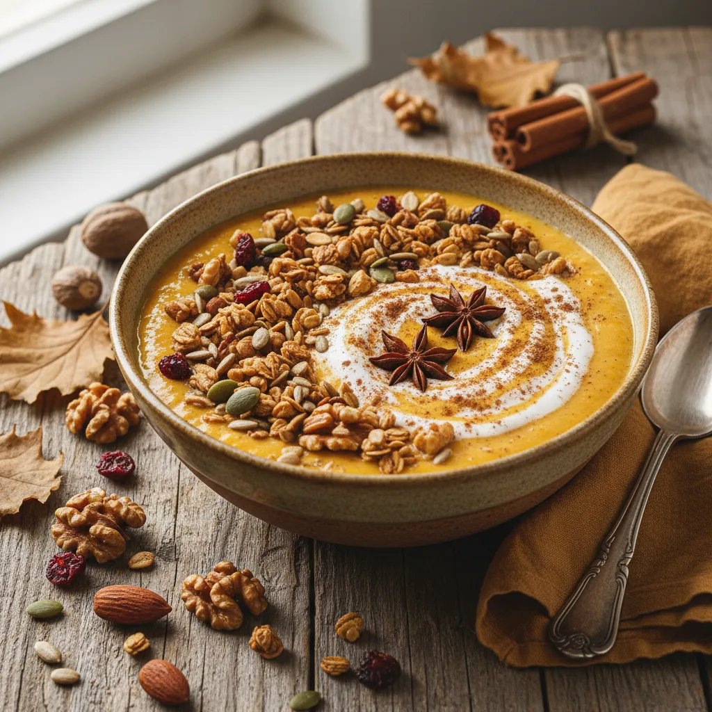 Cinnamon-Spiced Pumpkin Coconut Smoothie Bowl with Nutty Granola