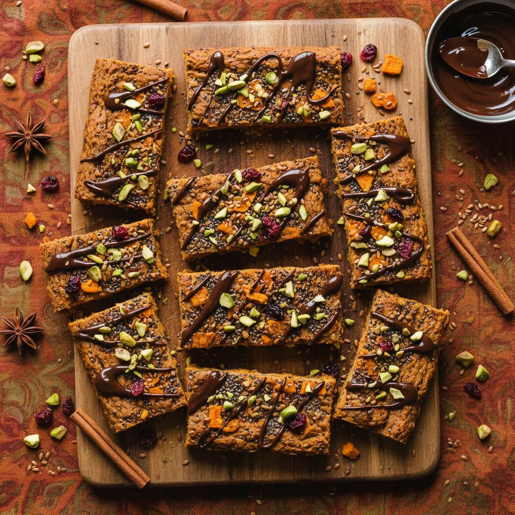 Cinnamon-Spiced Sweet Potato Chia Energy Bars with a Chocolate Drizzle