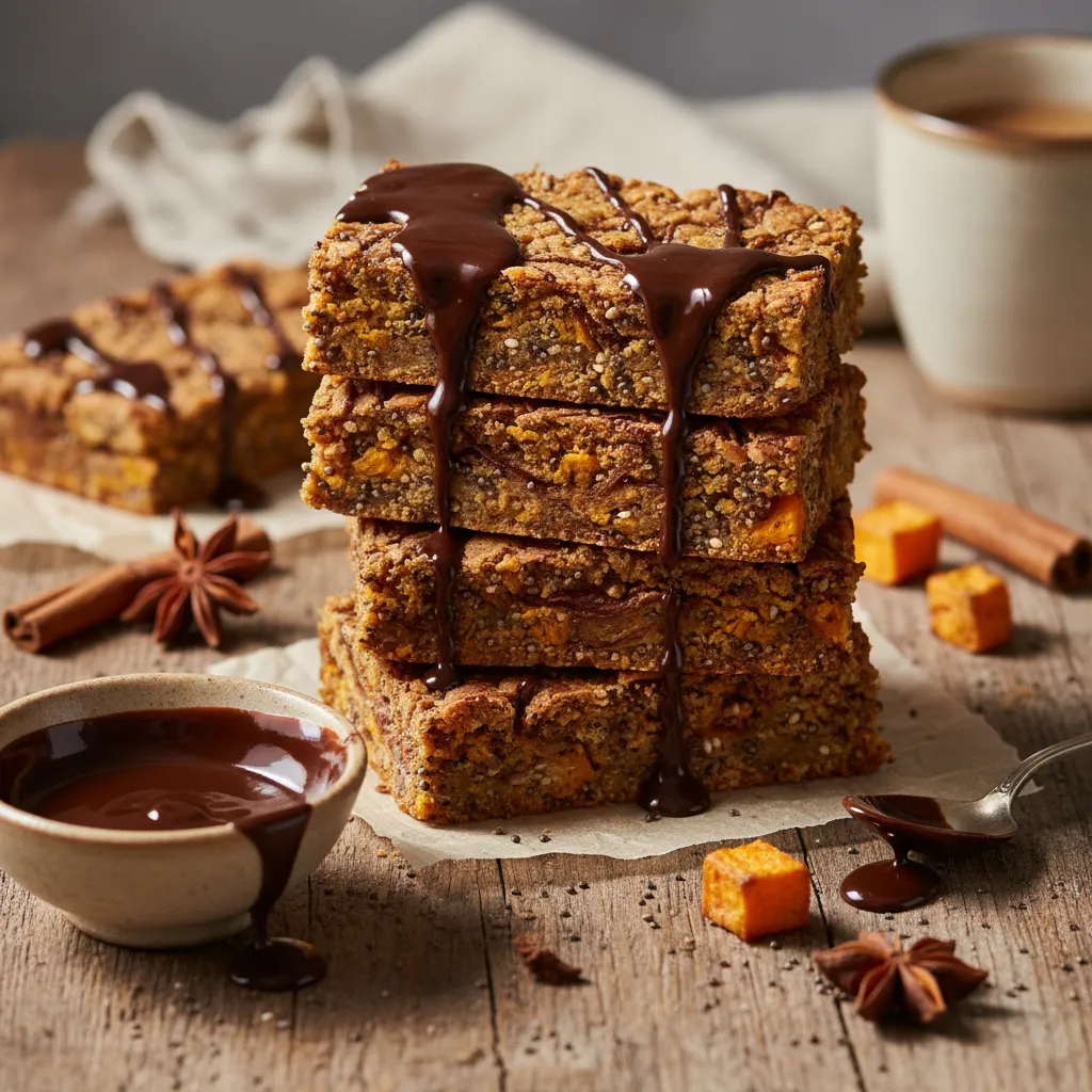 Cinnamon-Spiced Sweet Potato Chia Energy Bars with a Chocolate Drizzle