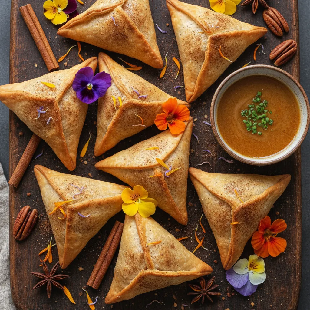 Cinnamon-Spiced Sweet Potato and Edible Flower Samosas