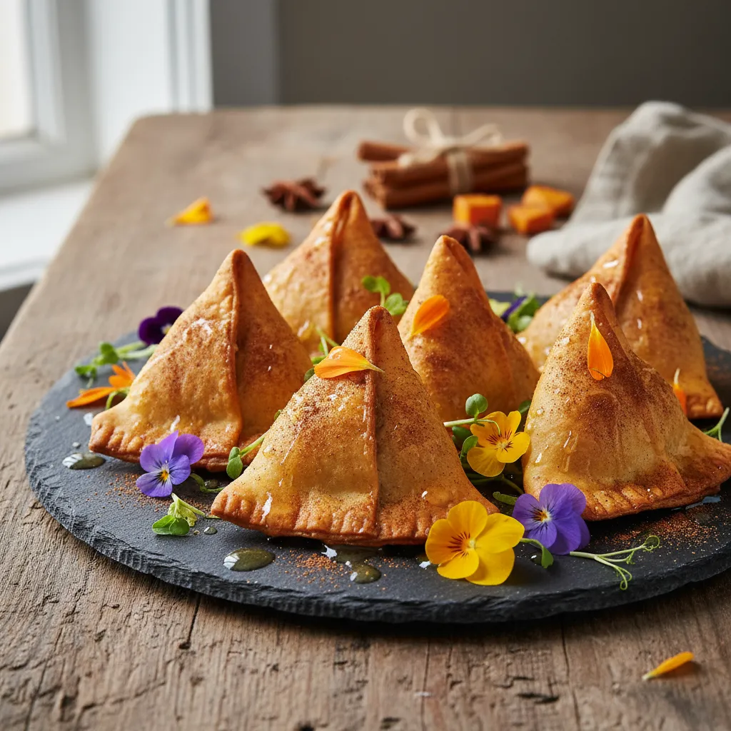 Cinnamon-Spiced Sweet Potato and Edible Flower Samosas